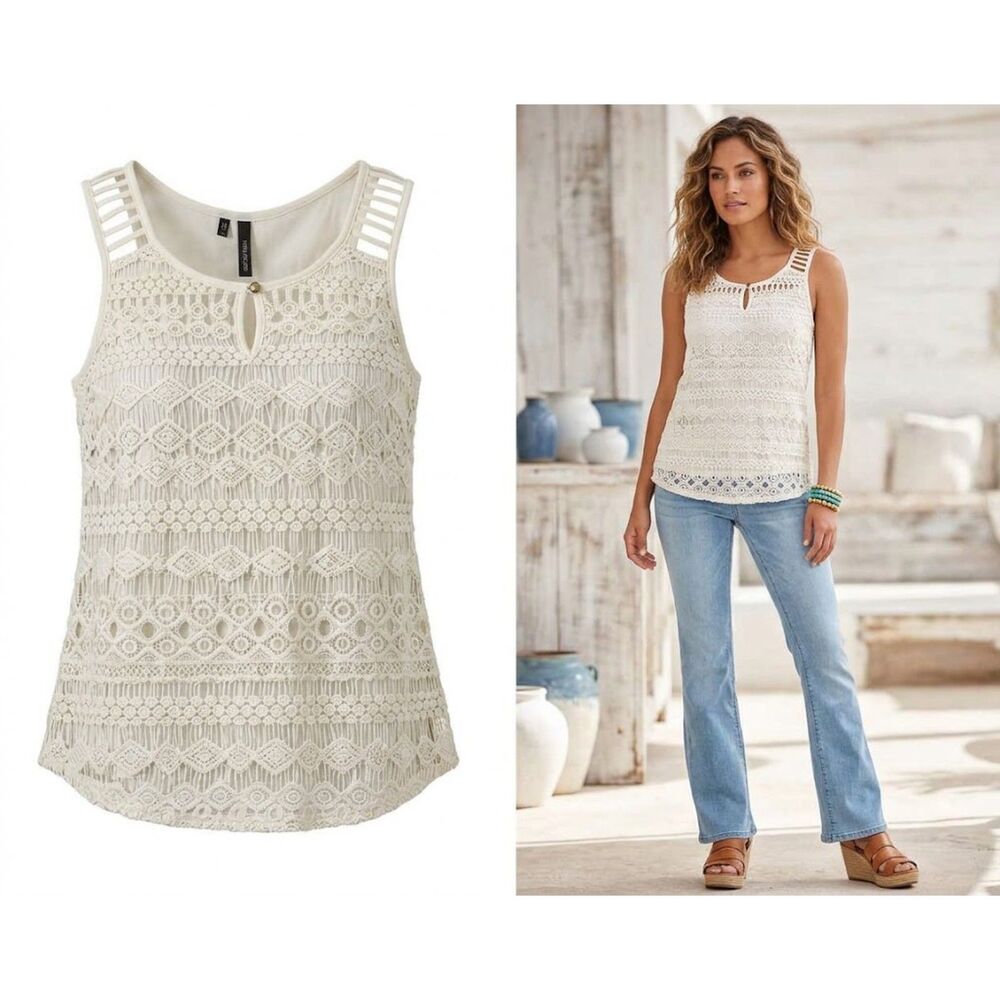 Maurices Cream Lace Boho Tank Top Medium Keyhole Neck Geometric Crochet
